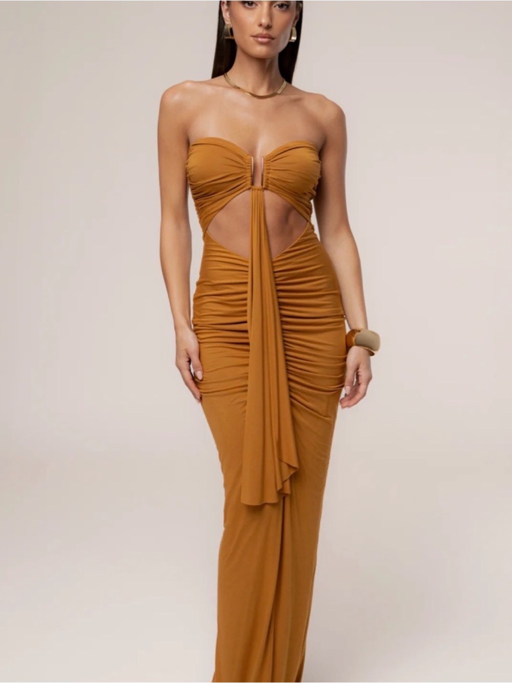 JLUXLABEL Strapless Cutout Ruched Maxi Dress in Camel Brown